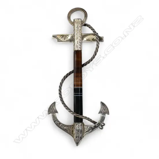 A large late Victorian Scottish silver and banded agate fouled anchor brooch,