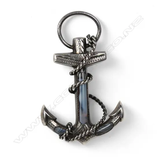 A late Victorian Scottish silver and agate fouled anchor brooch,