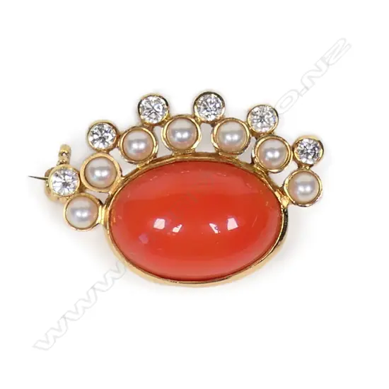 An 18ct gold coral pearl and diamond brooch,