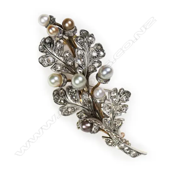A Georgian silver gilt diamond and pearl brooch,