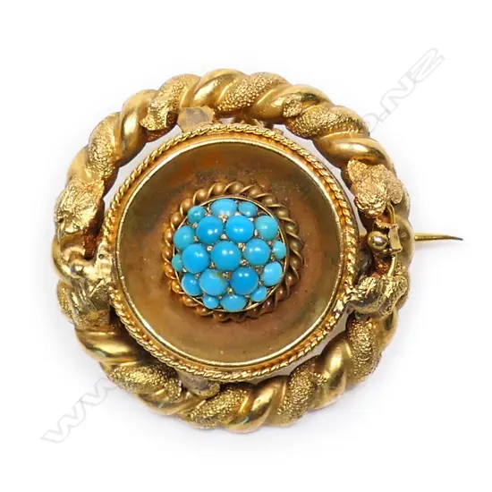 A Victorian 9ct gilded gold and turquoise target brooch,