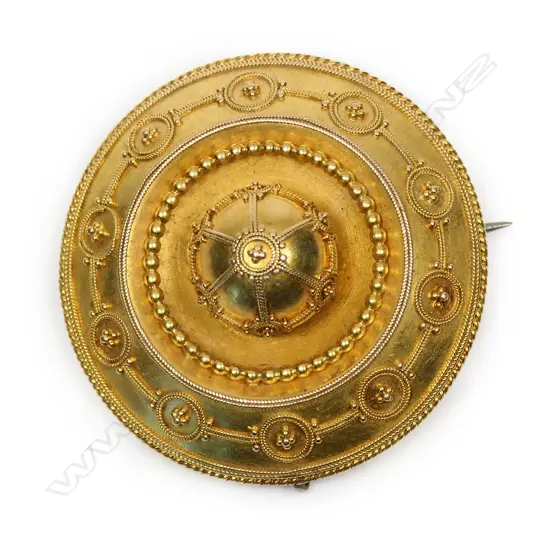 A Victorian Etruscan 15ct matt gilded gold brooch,