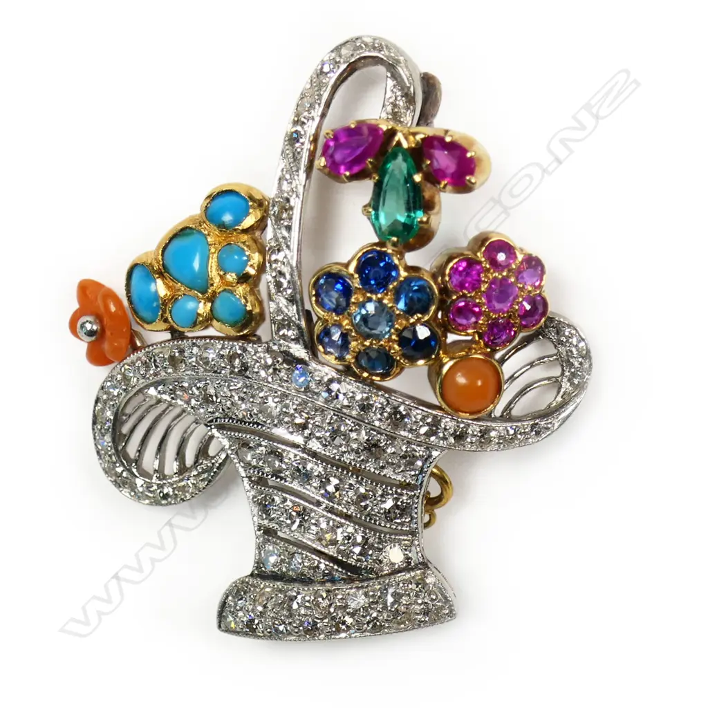 An early 20thC belle époque platinum and yellow 18ct gold coloured stones and diamonds basket brooch, Image 1++