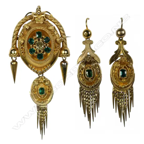 An impressive Victorian Etruscan 15ct gold and emerald suite,