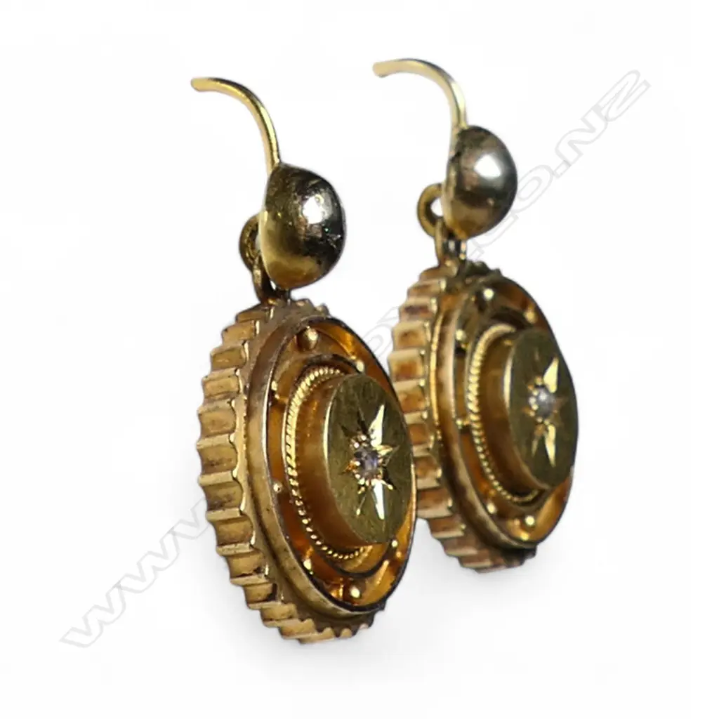 A pair of 9ct gold and diamond late 19thC Etruscan style earrings, Image 1++