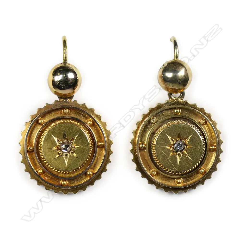 A pair of 9ct gold and diamond late 19thC Etruscan style earrings, Image 1++