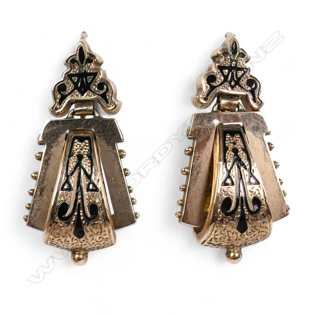 A pair of 9ct rose gold and enamelled Victorian Etruscan revival hinged earrings, Image 1++