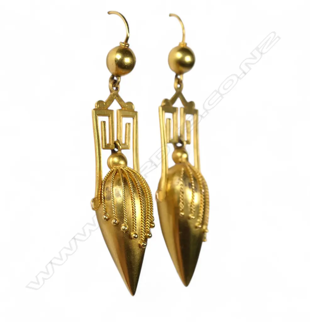 A pair of 15ct (or higher) gold Victorian Etruscan drop earrings, Image 1++