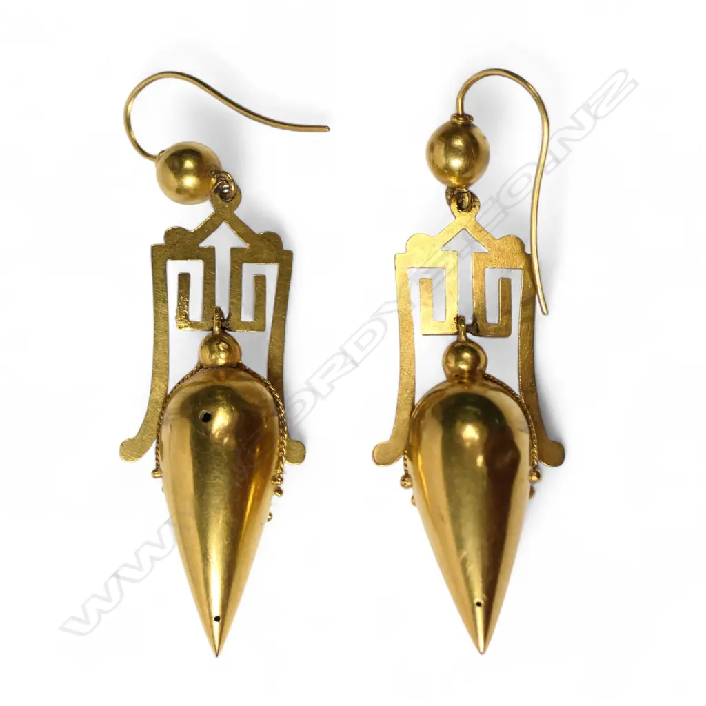 A pair of 15ct (or higher) gold Victorian Etruscan drop earrings, Image 1++