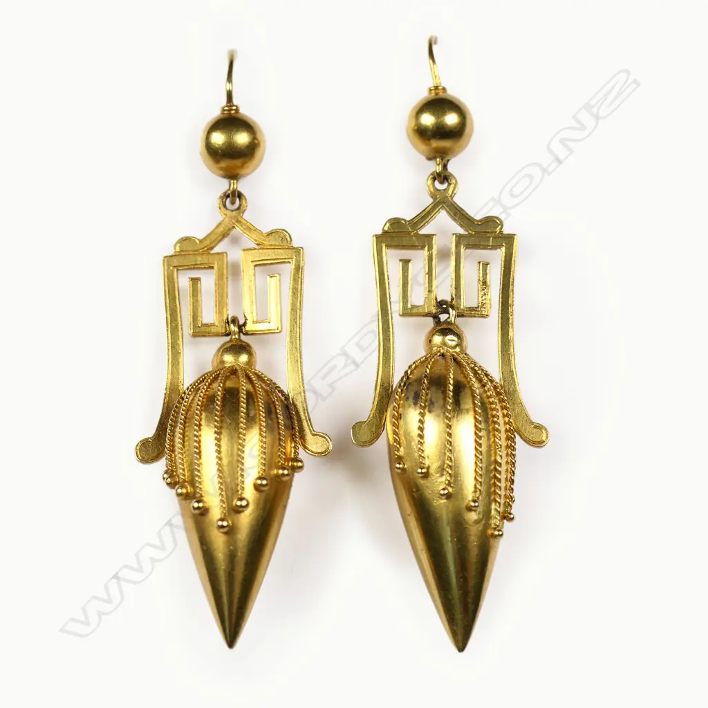 A pair of 15ct (or higher) gold Victorian Etruscan drop earrings, Image 1++
