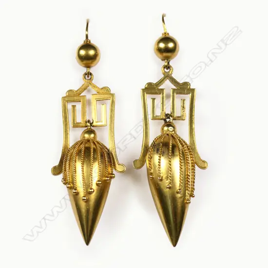 A pair of 15ct (or higher) gold Victorian Etruscan drop earrings,