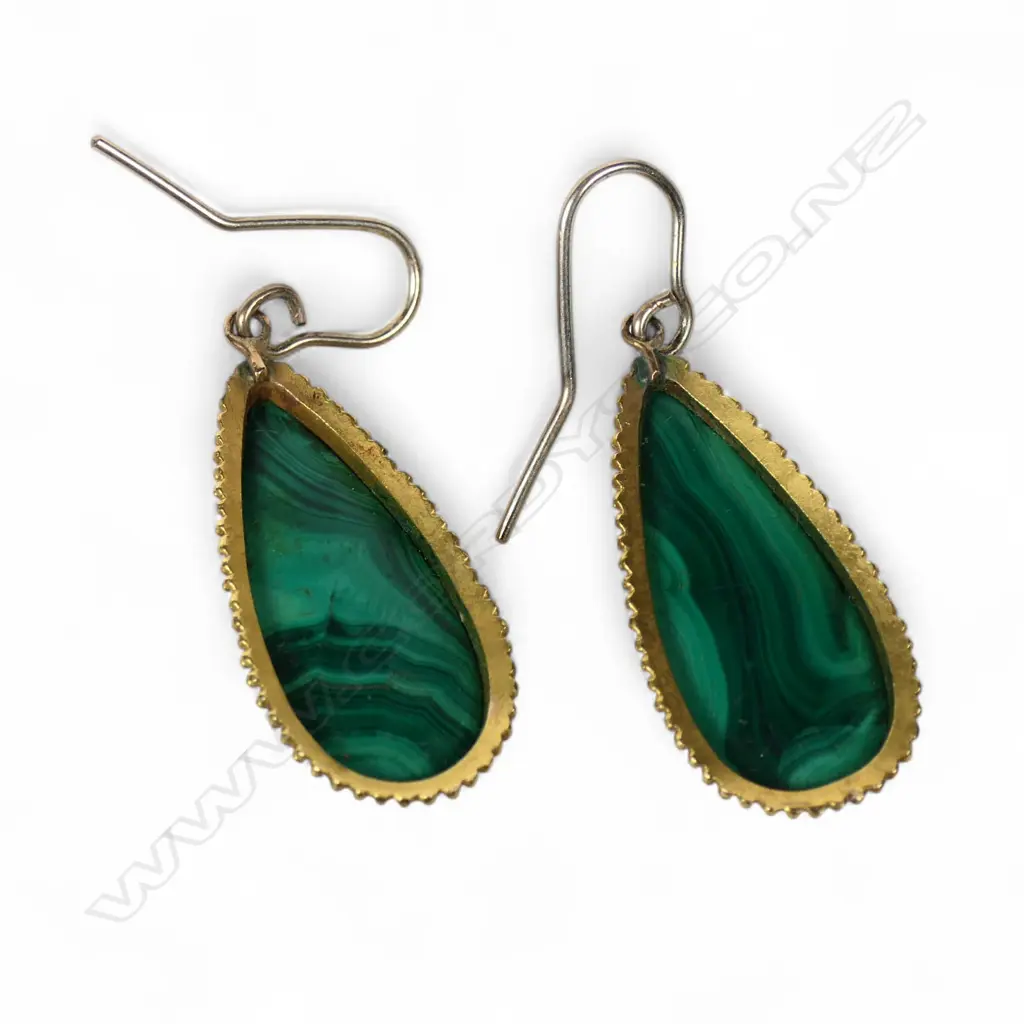 A pair of vintage 18ct yellow gold and malachite drop earrings, Image 1++