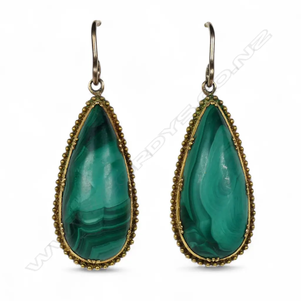 A pair of vintage 18ct yellow gold and malachite drop earrings, Image 1++