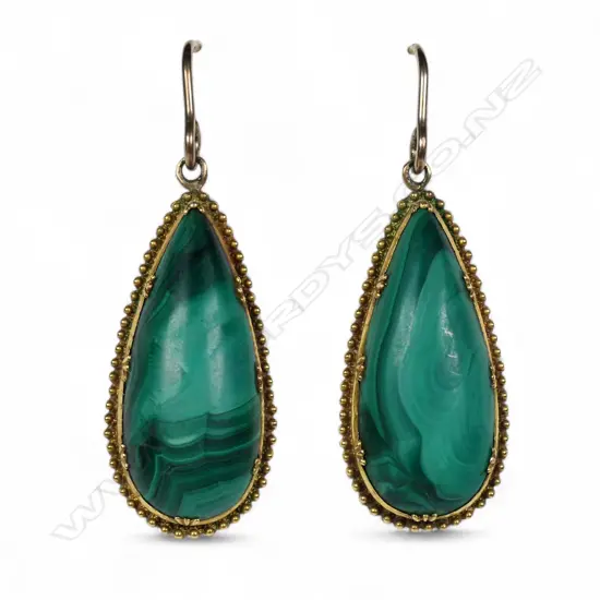 A pair of vintage 18ct yellow gold and malachite drop earrings,