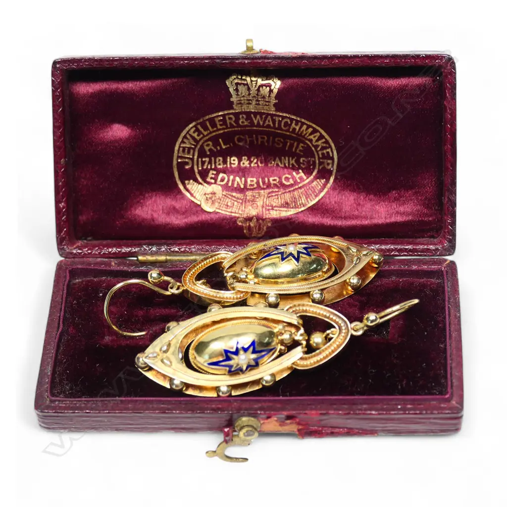 A good pair of late Victorian Etruscan 9ct gold enamel and pearl drop earrings, Image 1++