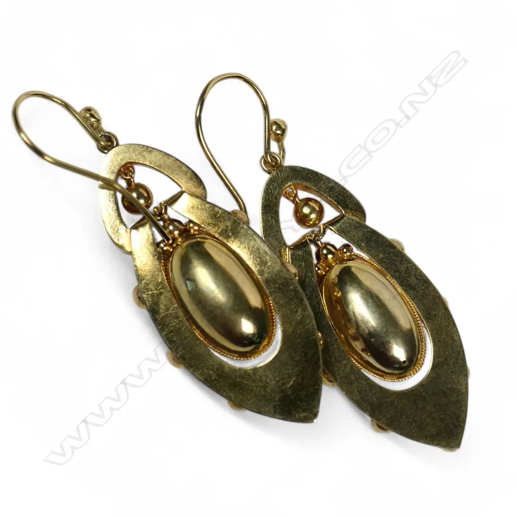 A good pair of late Victorian Etruscan 9ct gold enamel and pearl drop earrings, Image 1++