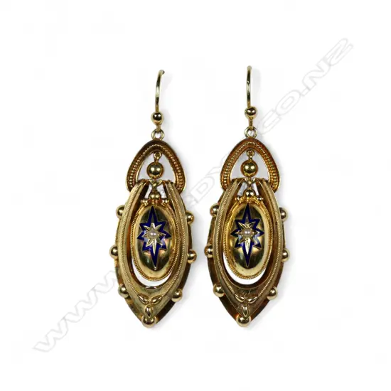 A good pair of late Victorian Etruscan 9ct gold enamel and pearl drop earrings,