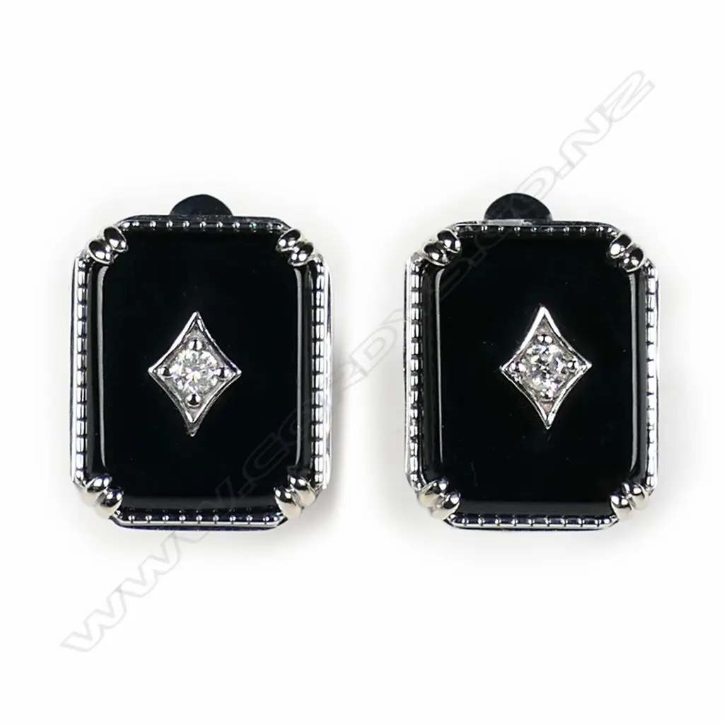 A pair of 14ct white gold onyx and diamond Art Deco style earrings, Image 1++