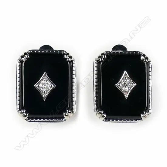 A pair of 14ct white gold onyx and diamond Art Deco style earrings,
