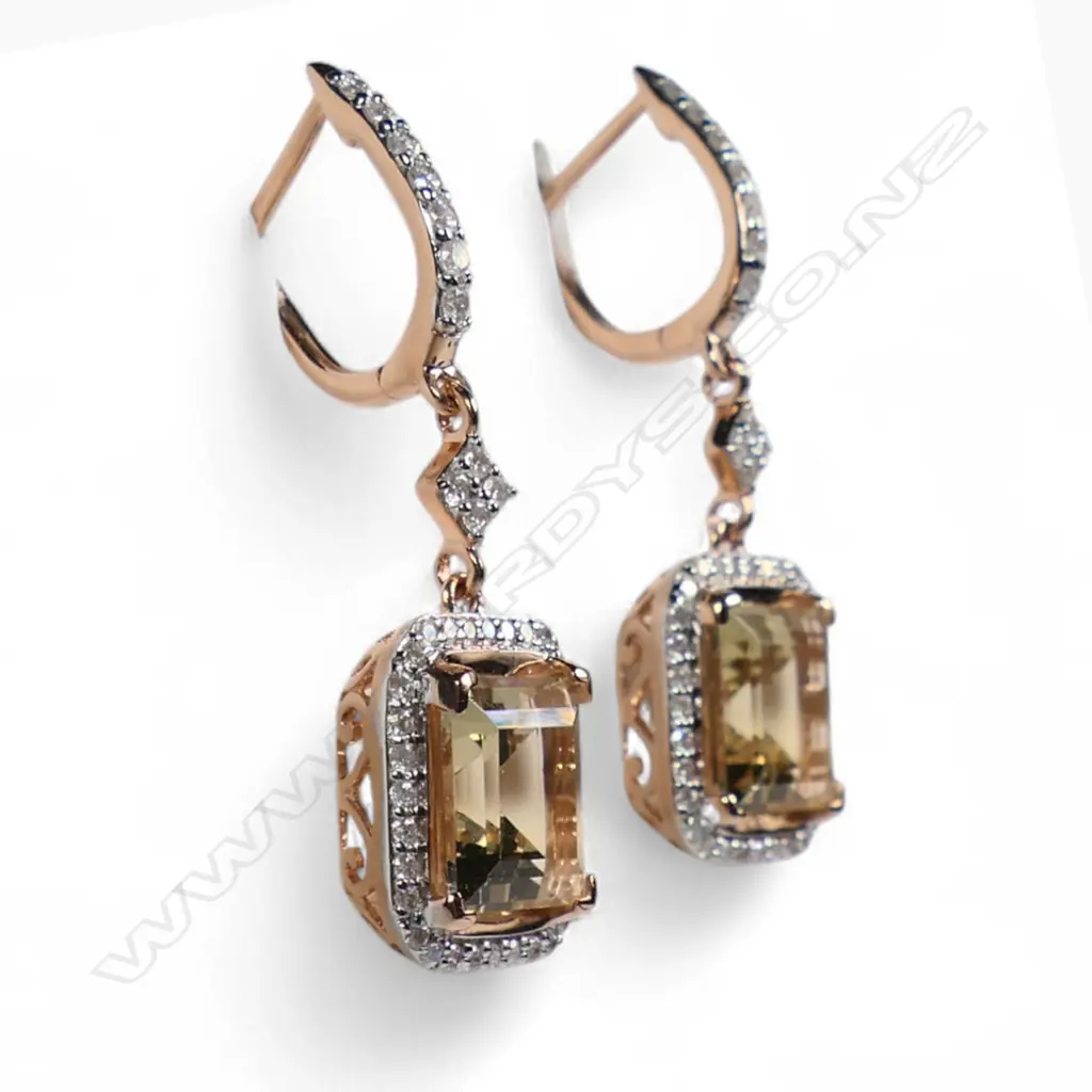 A pair of 14ct rose gold heliodor and diamond halo drop earrings, Image 1++
