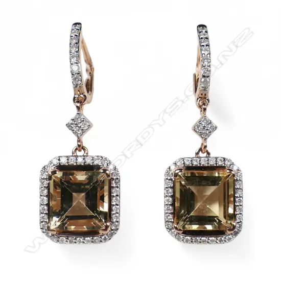 A pair of 14ct rose gold heliodor and diamond halo drop earrings,