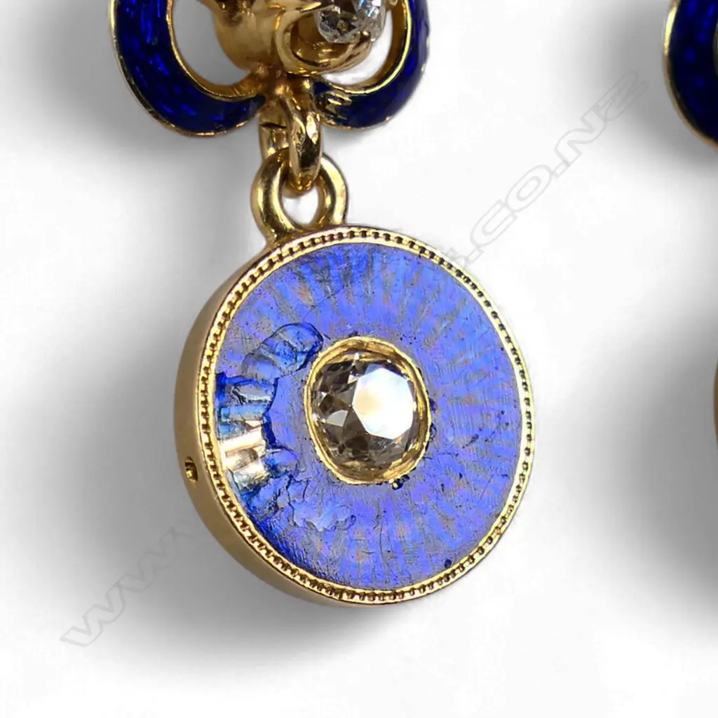 A pair of designer 18ct yellow gold diamond and enamel drop earrings, Image 1++
