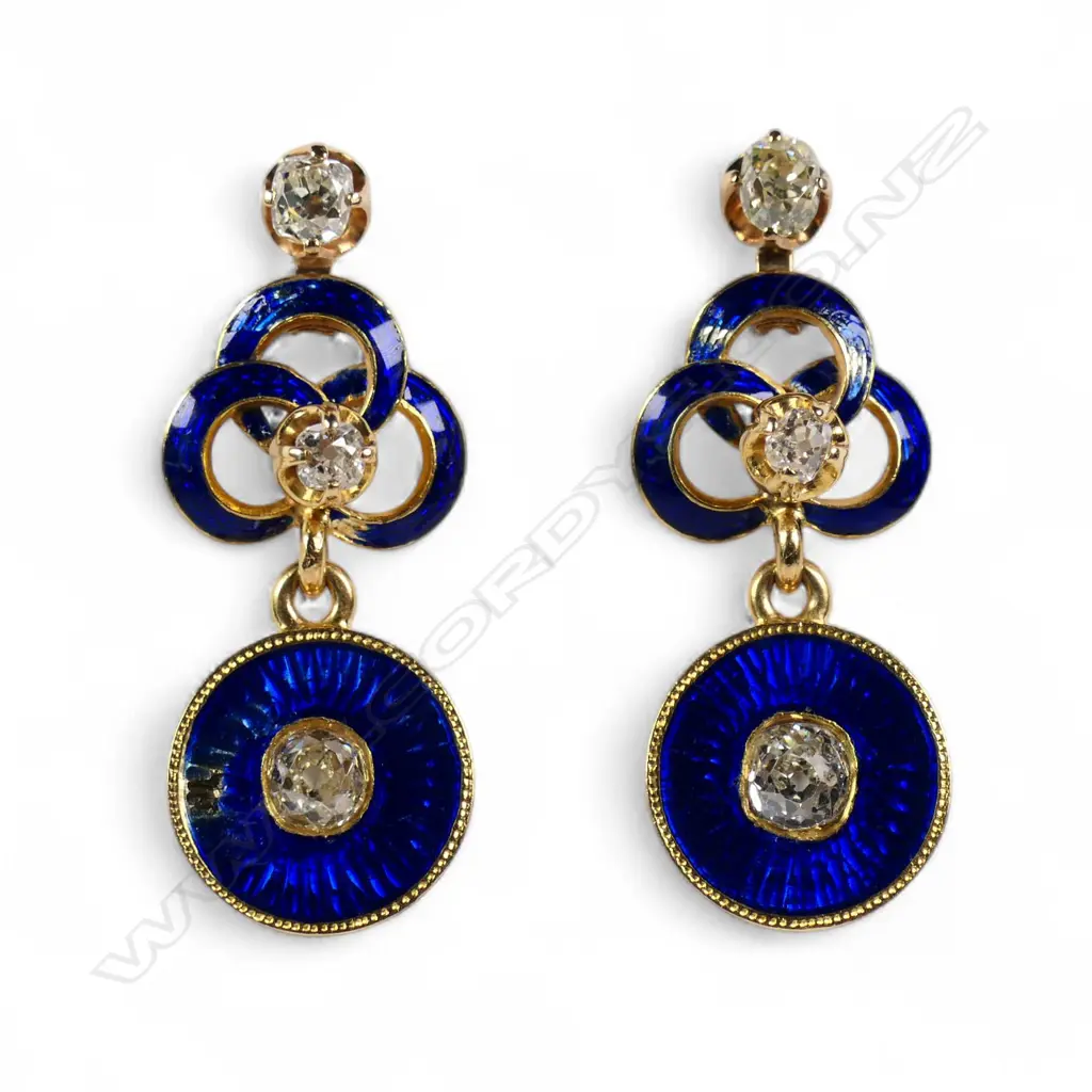 A pair of designer 18ct yellow gold diamond and enamel drop earrings, Image 1++