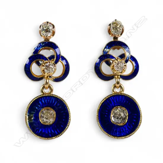 A pair of designer 18ct yellow gold diamond and enamel drop earrings,