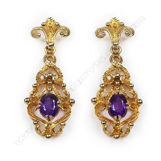 A pair of 9ct gold and amethyst drop earrings,