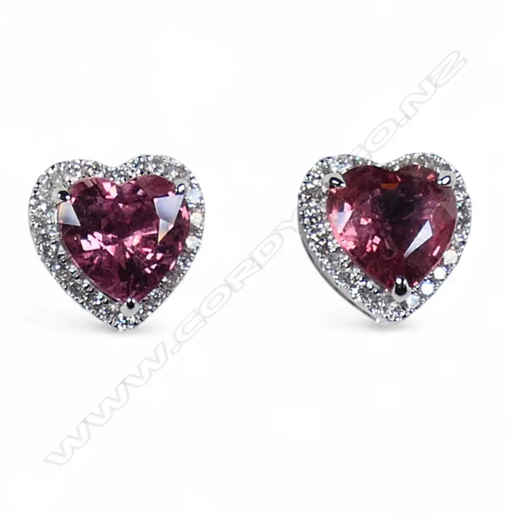 A pair of 18ct white gold and pink tourmaline and diamond earrings, Image 1++
