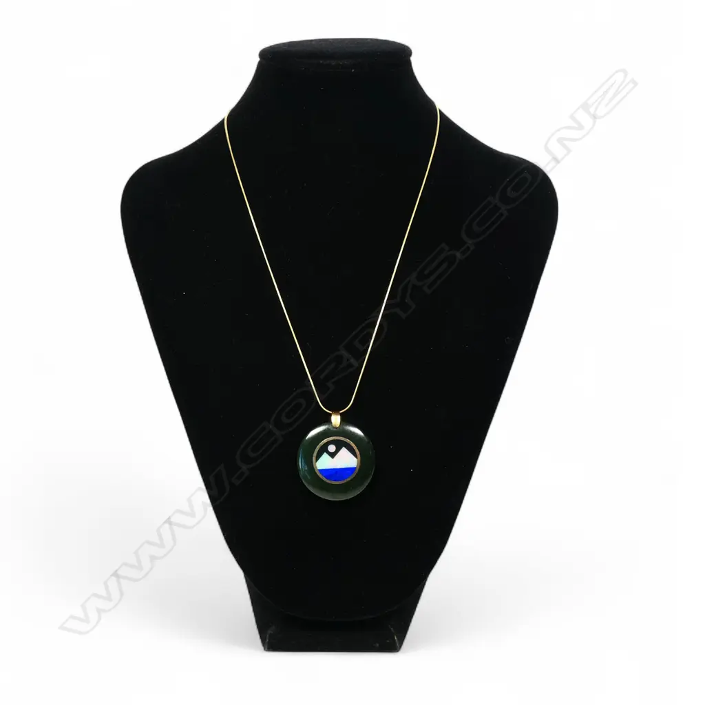 An artist made 18ct gold pounamu opal and gem set pendant on chain, Image 1++