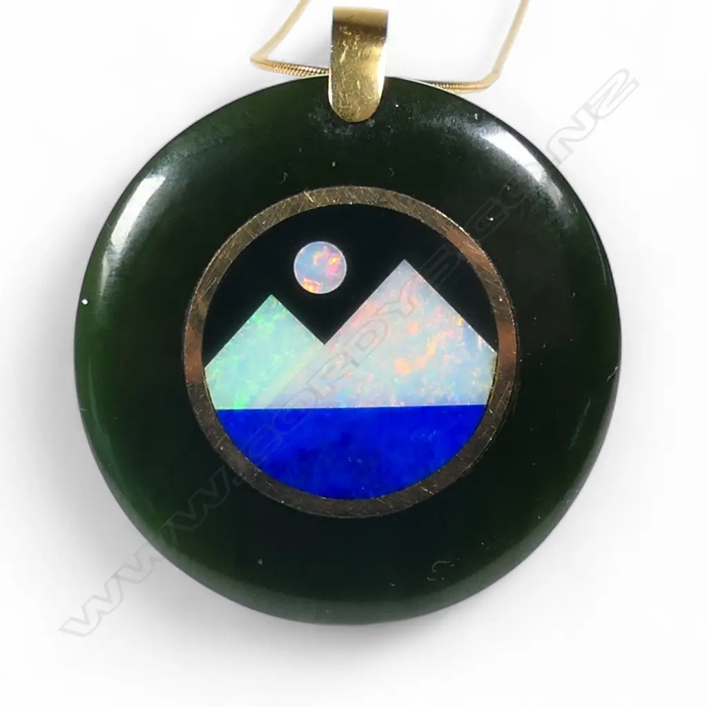 An artist made 18ct gold pounamu opal and gem set pendant on chain, Image 1++