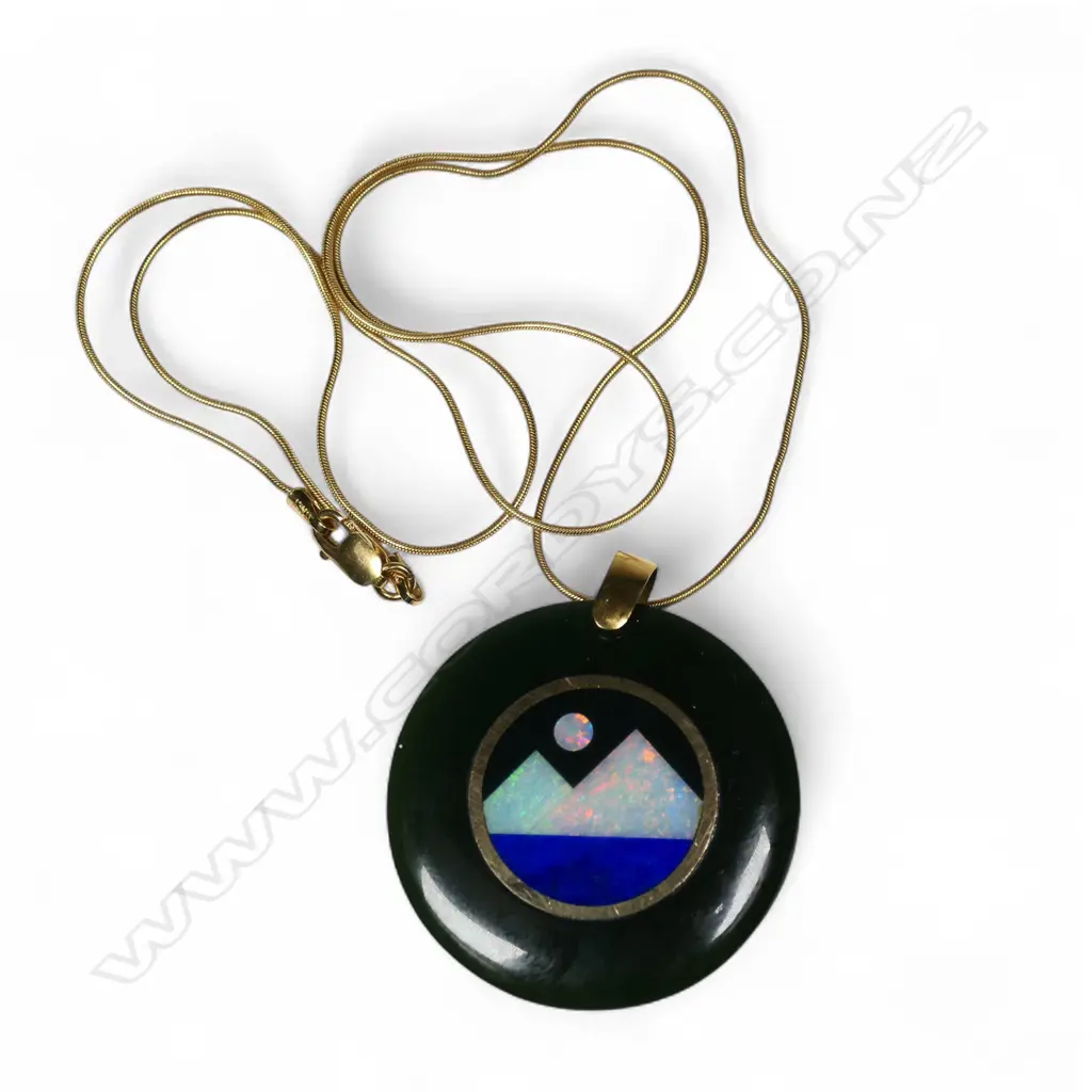 An artist made 18ct gold pounamu opal and gem set pendant on chain, Image 1++
