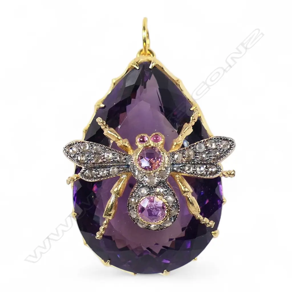 An antique style silver gilt amethyst and diamond figural pendant, Image 1++