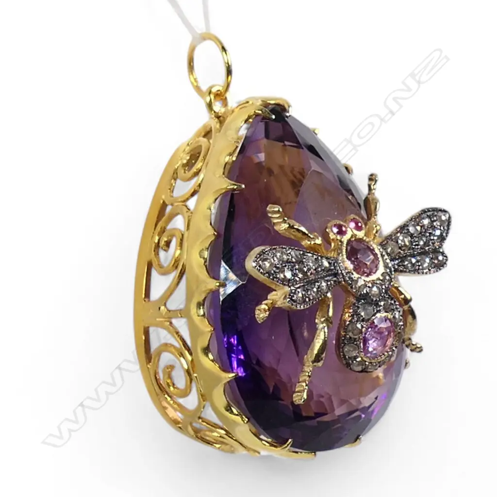 An antique style silver gilt amethyst and diamond figural pendant, Image 1++