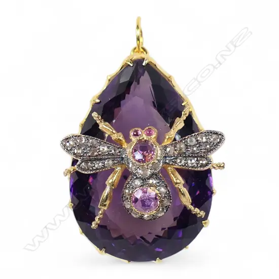 An antique style silver gilt amethyst and diamond figural pendant,