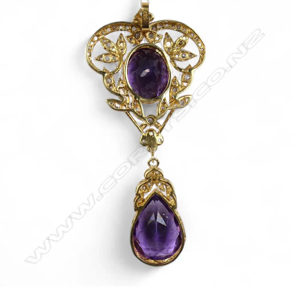 An antique style silver gilt Belle Époque diamond and amethyst pendant, Image 1++