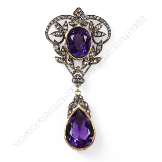 An antique style silver gilt Belle Époque diamond and amethyst pendant,