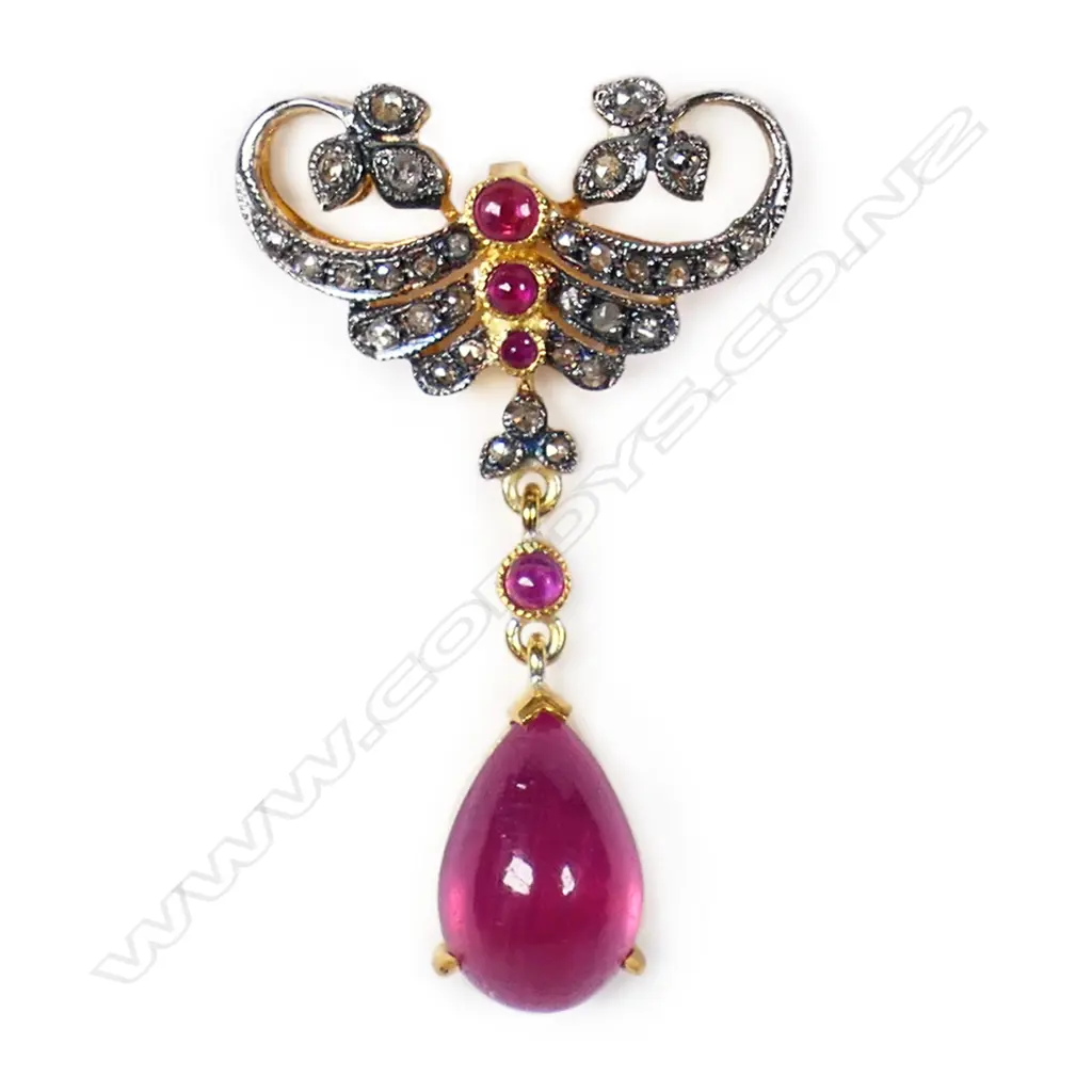 An antique style silver gilt Belle Époque diamond and ruby pendant, Image 1++
