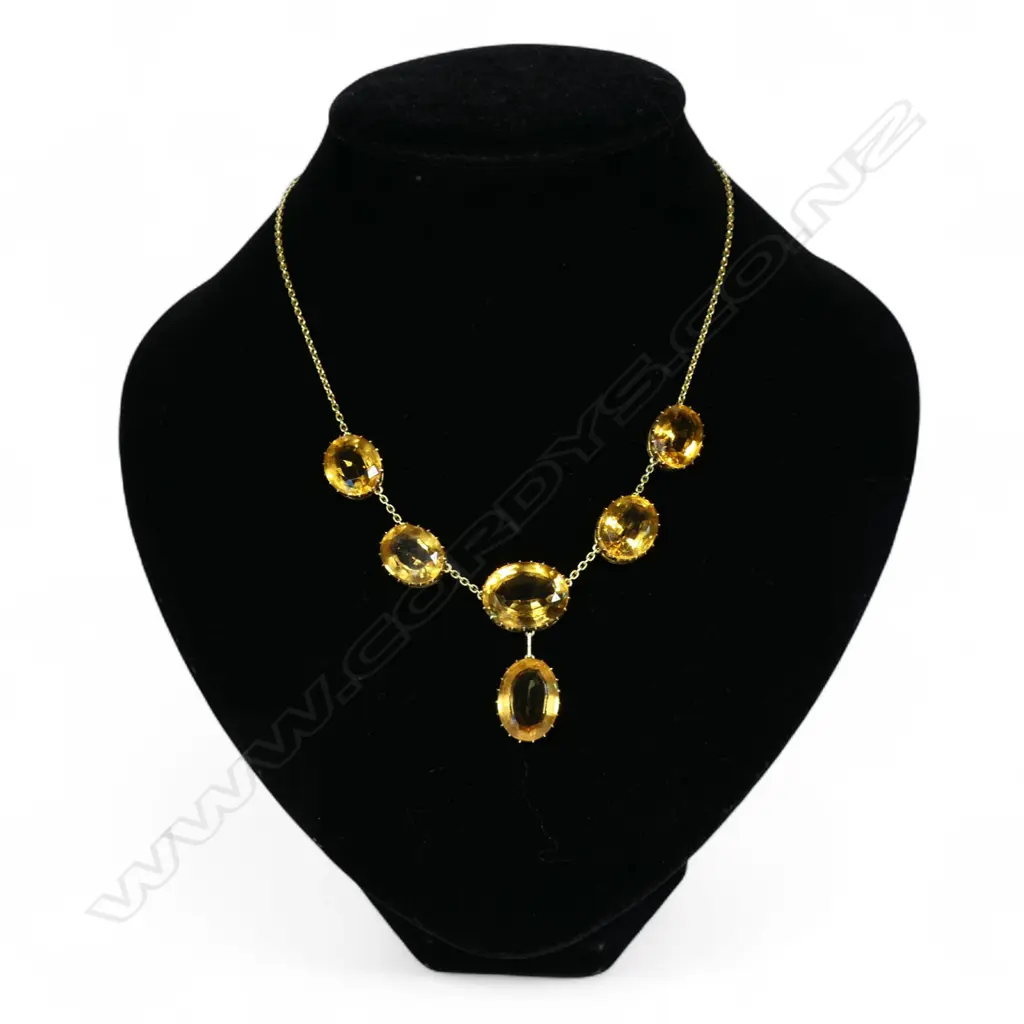A vintage 9ct yellow gold and six stone citrine necklace, Image 1++