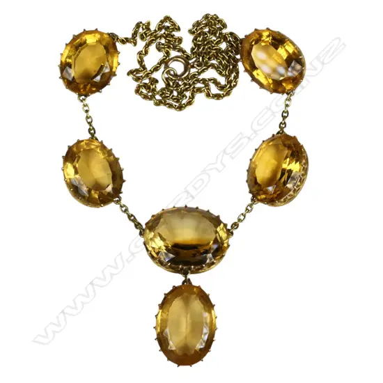A vintage 9ct yellow gold and six stone citrine necklace,