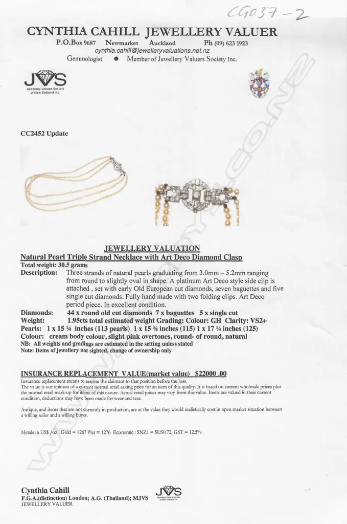 An uncommon natural pearl triple strand necklace with Art Deco platinum and diamond fancy clasp, Image 1++