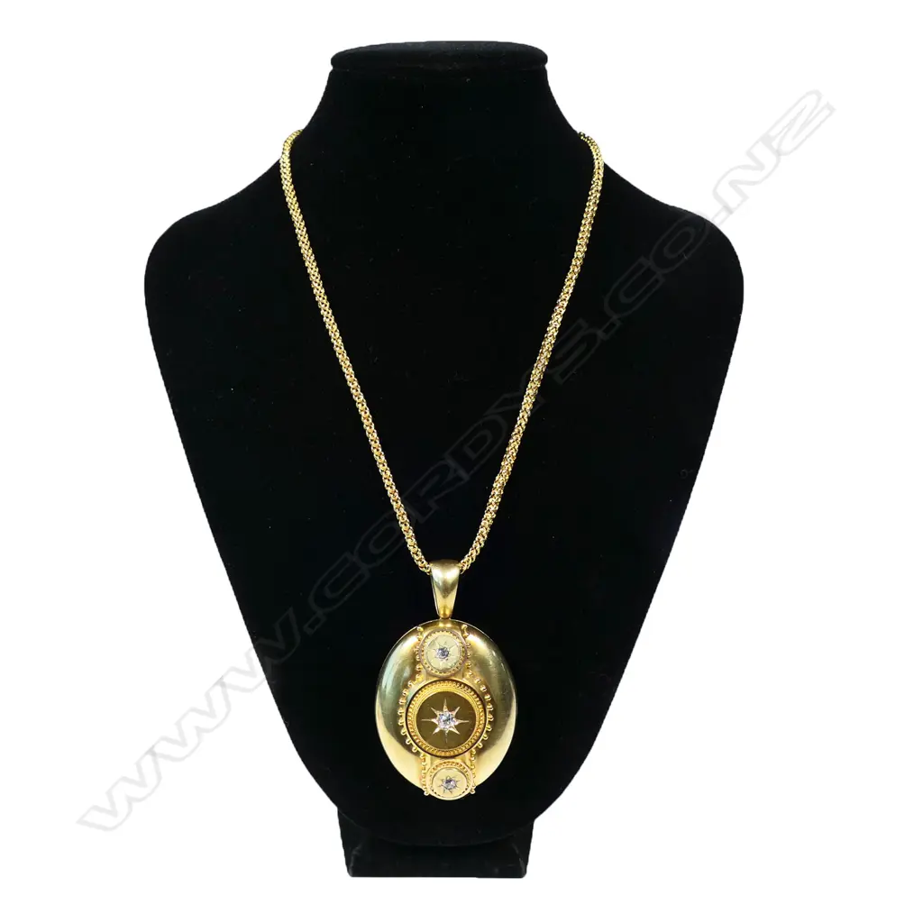 An impressive 19thC Etruscan large 15ct gold diamond set locket on chain, Image 1++