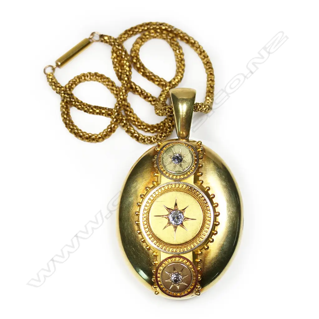 An impressive 19thC Etruscan large 15ct gold diamond set locket on chain, Image 1++