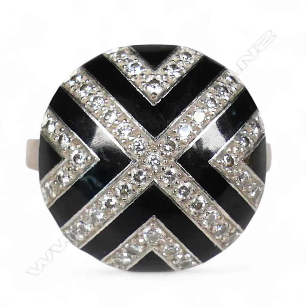 Sutcliffe Jewellers (Auckland) 18ct white gold diamond and black enamel designer ring, Image 1++