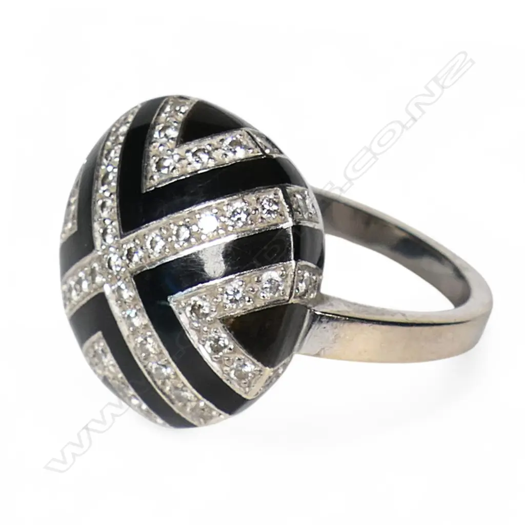 Sutcliffe Jewellers (Auckland) 18ct white gold diamond and black enamel designer ring, Image 1++
