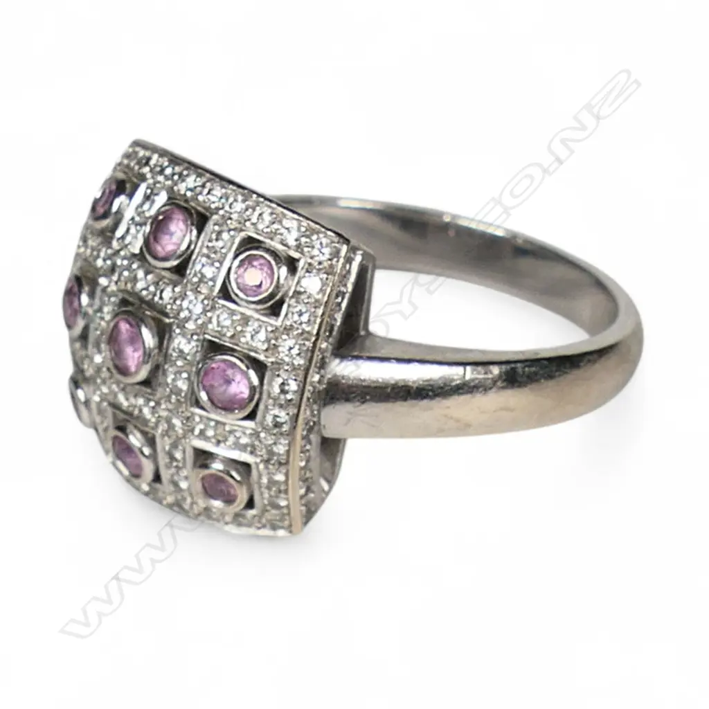 Sutcliffe Jewellers (Auckland) 18ct white gold diamond and pink tourmaline designer ring, Image 1++