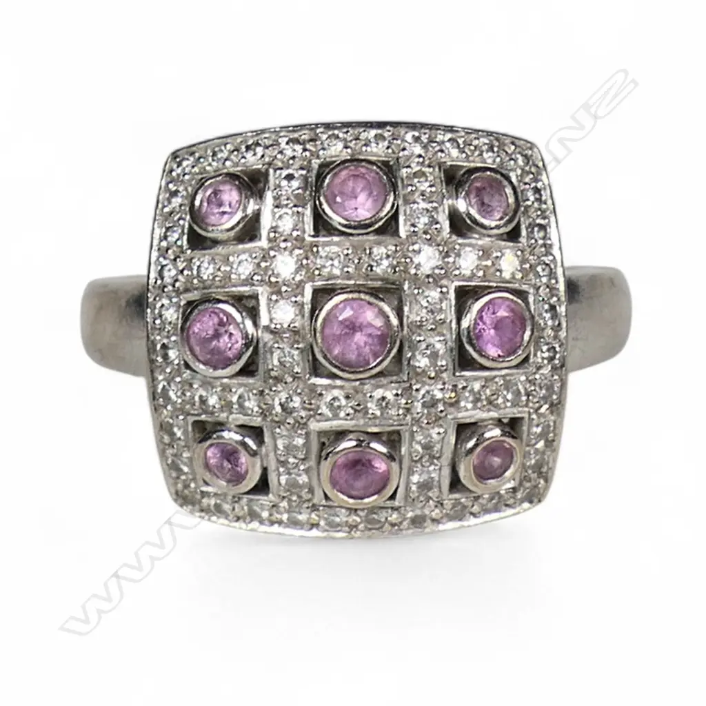 Sutcliffe Jewellers (Auckland) 18ct white gold diamond and pink tourmaline designer ring, Image 1++