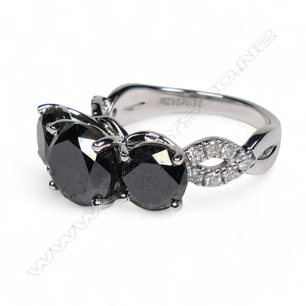 A 14ct white gold, black diamond trilogy twist band ring, Image 1++