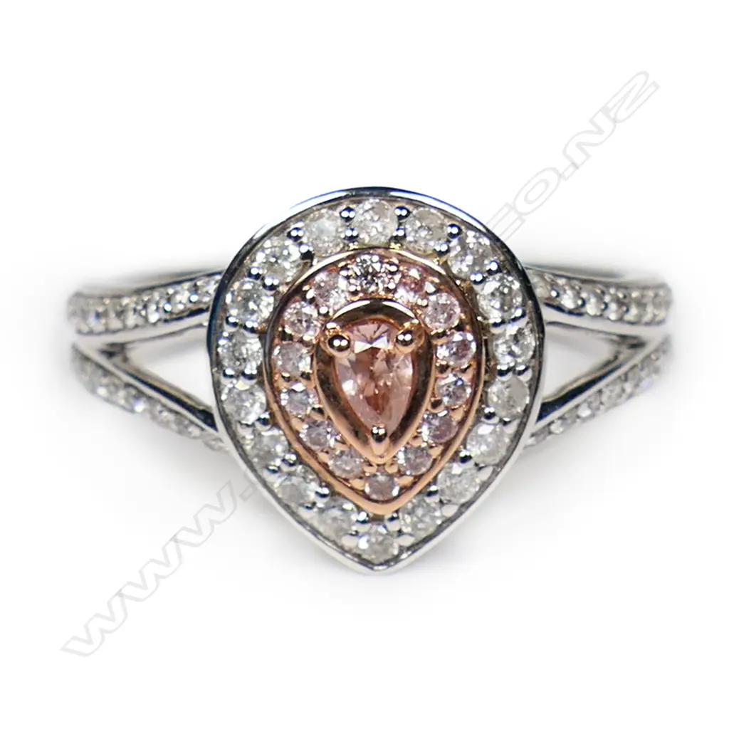 A 14ct white and rose gold pink diamond double halo split band ring, Image 1++
